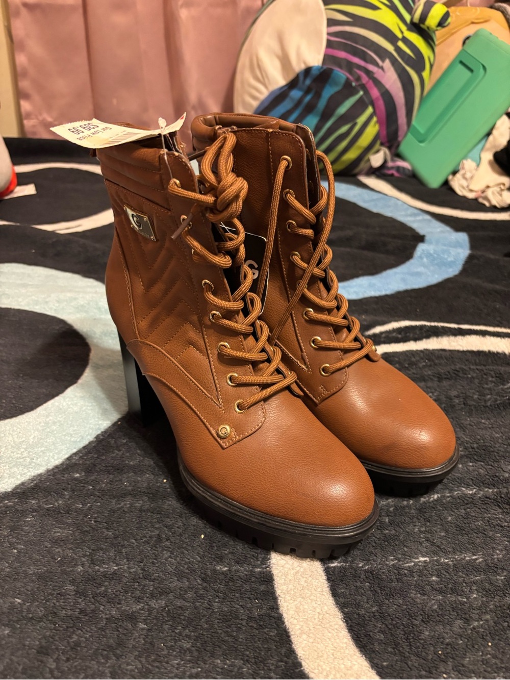 G by Guess Tan Brown Lace-Up Chunky Heel Ankle Boots
